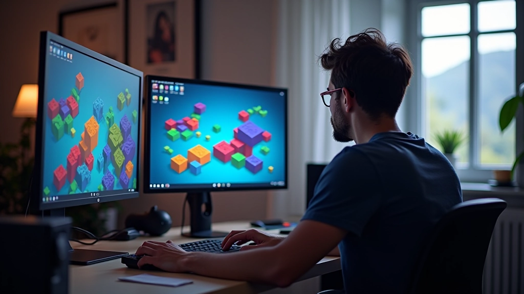 Modern voxel game development studio with computers and creative workspace displaying block-based world creation